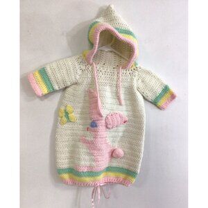 Vintage 70s Baby Hand Knit Hooded Bunting Coat Suit Crochet 0-6M